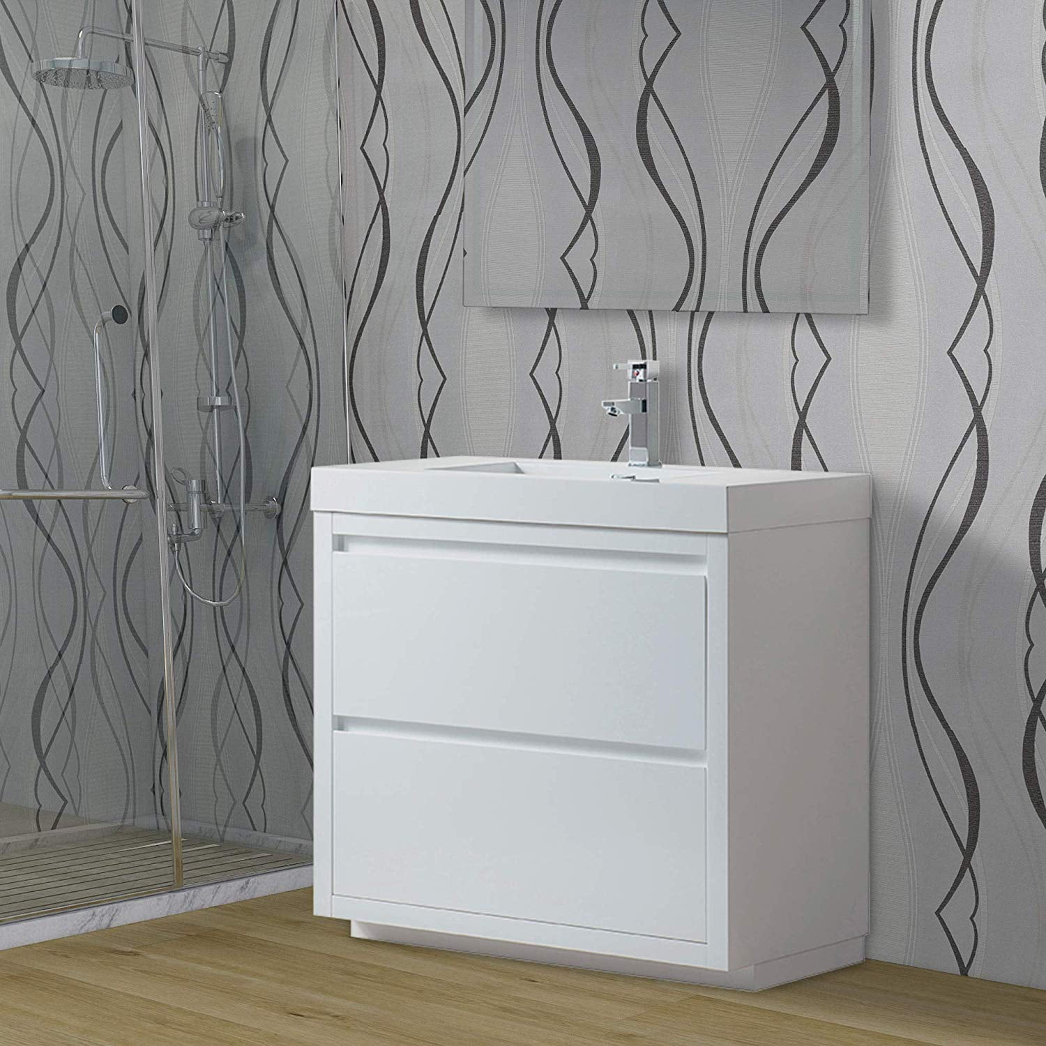 Glossy White 36-Inch Single Sink Freestanding Bathroom Vanity