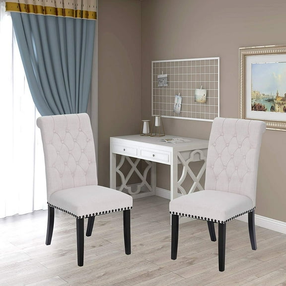 Vanity Art Tufted Upholstery Fabric Dining Chairs Solid Wood Accent Chair Amrless (Set of 2), Tan