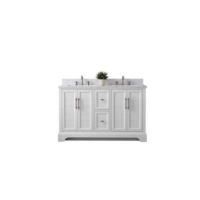 White Double Sink Bathroom Vanity with Quartz Top and Backsplash