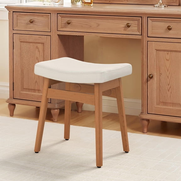 Vanity Bench Stool Beige Fabric With Wooden Color Leg, Upholstered Saddle Seat For Makeup Room Bedroom Bathroom