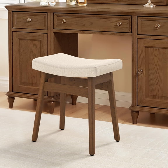 Vanity Bench Stool Linen Fabric With Walnut Color Leg, 17.3" H Saddle Upholstered Makeup Seat