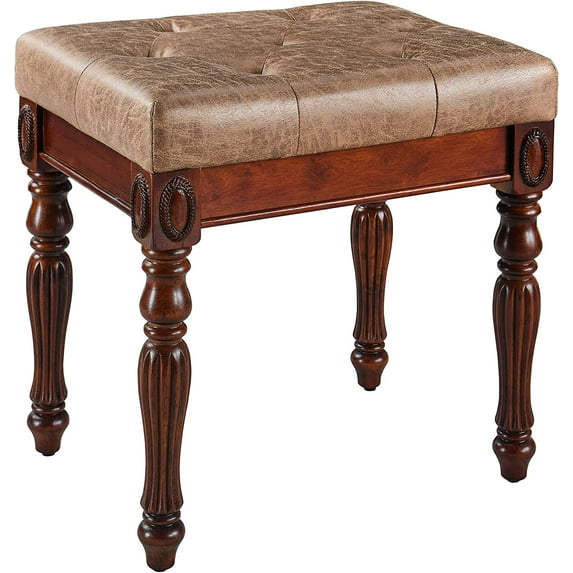 Vanity Bench Stool with Padded Cushion, Piano Bench with Solid Wood Carving Legs, Home Chairs Button Breathing Leather Upholstered Seat, 18.5” x 14.2” x 19.1” Easy Assembly, Yellowish Brown FD1533LT