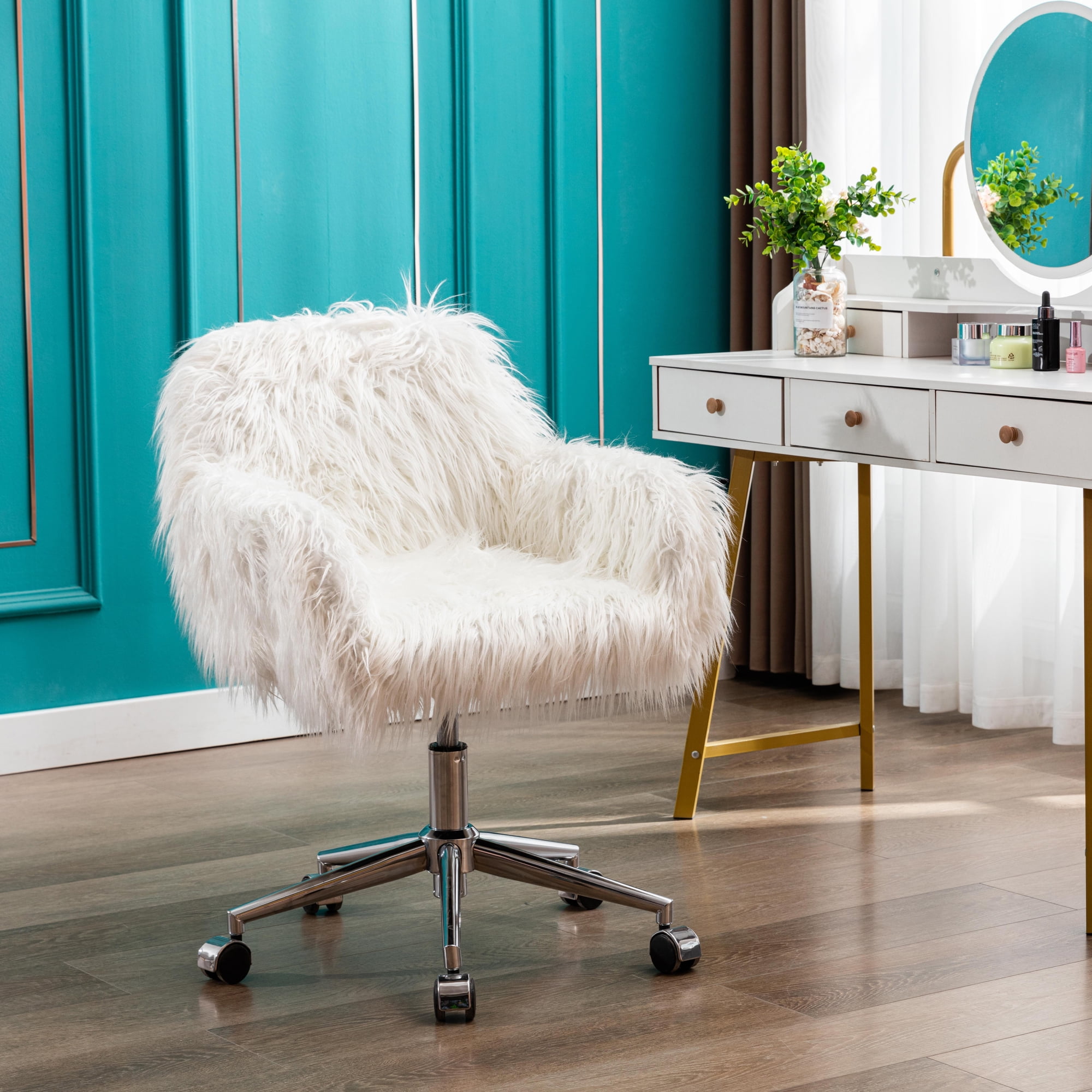 Vanity Chair with Back Fluffy Desk Chairs for Adults Swivel