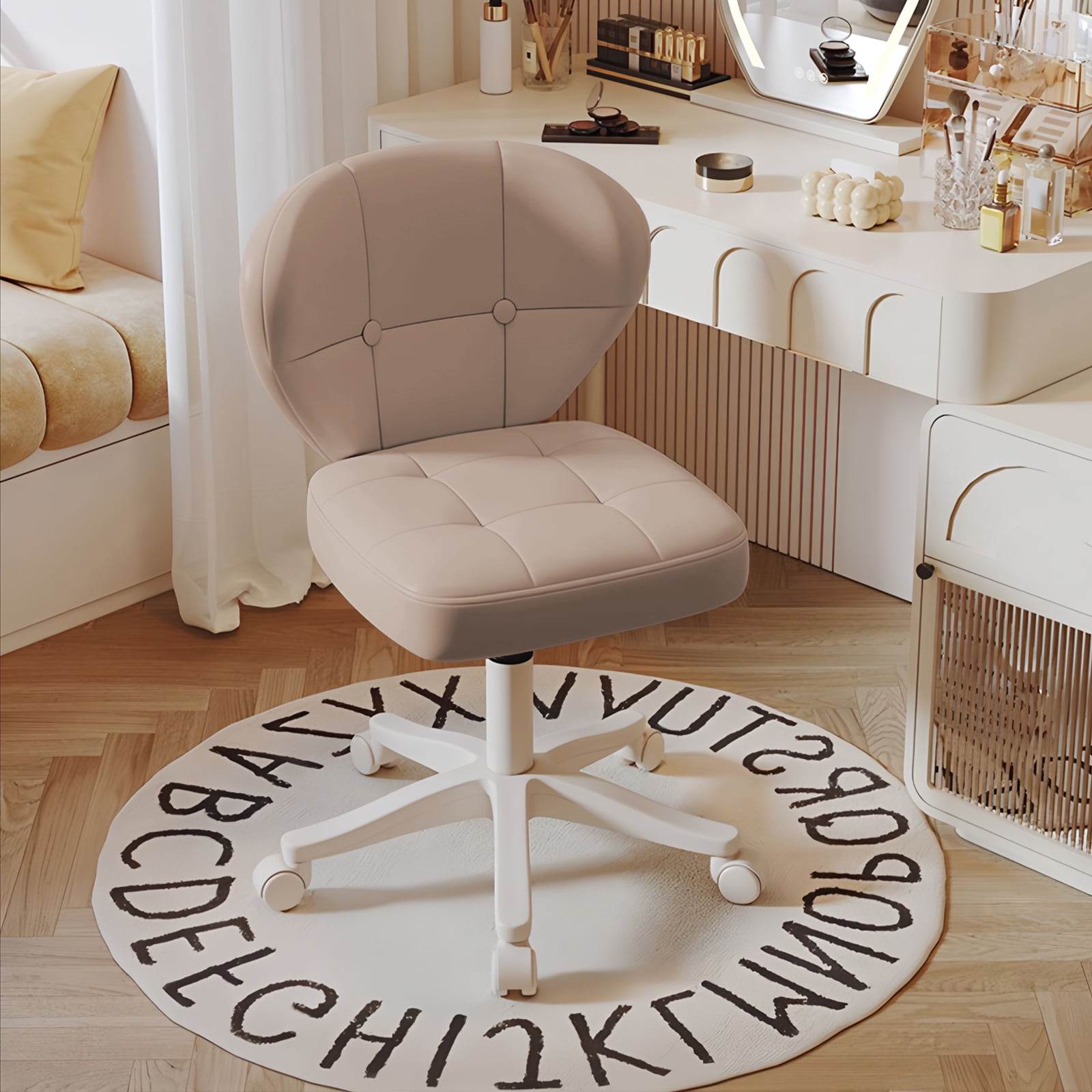 Vanity Chair with Back – Small Armless Office Chair with Wheels, Lumbar Support, PU Leather, Adjustable Height, 360° Swivel for Home, Bedroom, Office Khaki