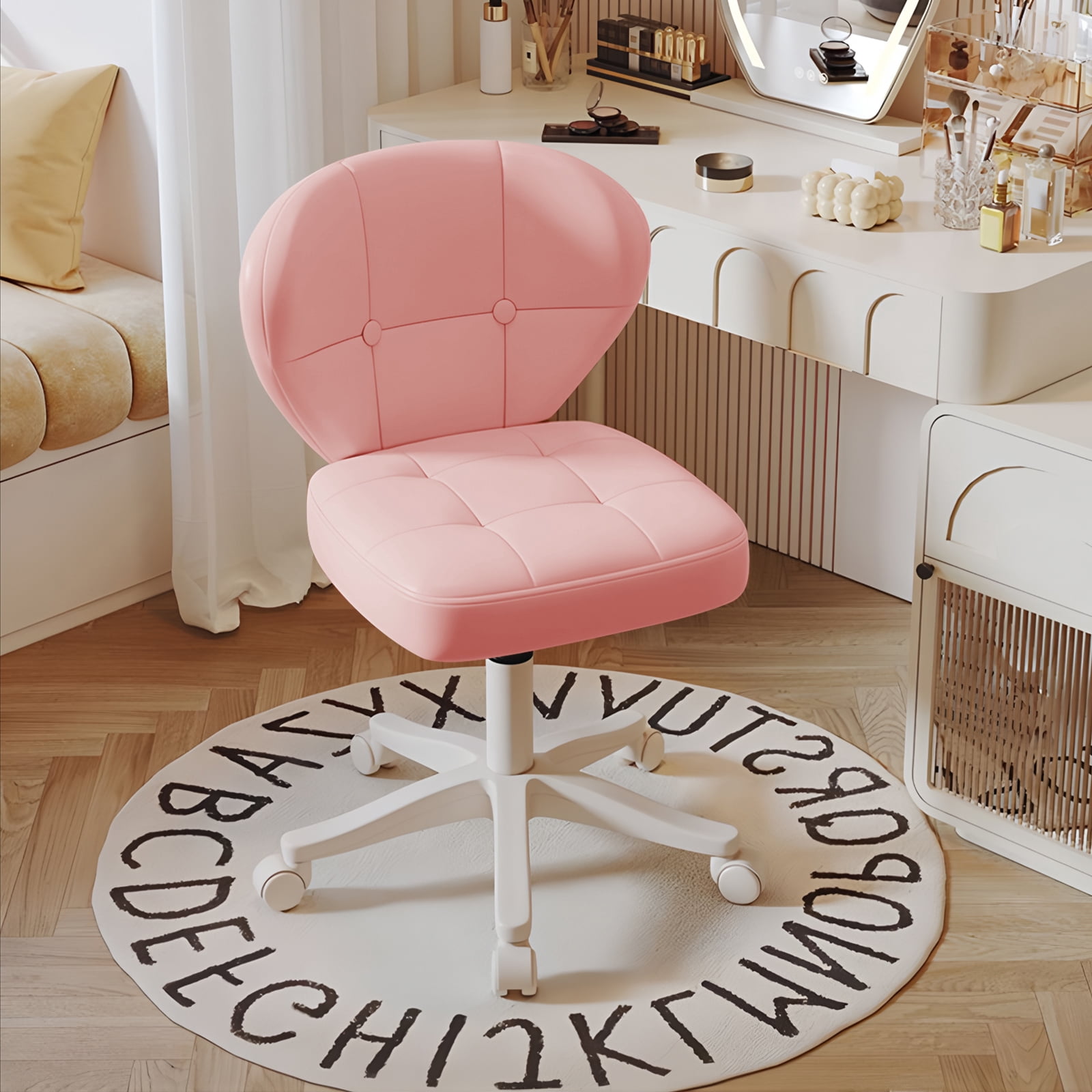 Vanity Chair with Back – Small Armless Office Chair with Wheels, Lumbar Support, PU Leather, Adjustable Height, 360° Swivel for Home, Bedroom, Office Pink