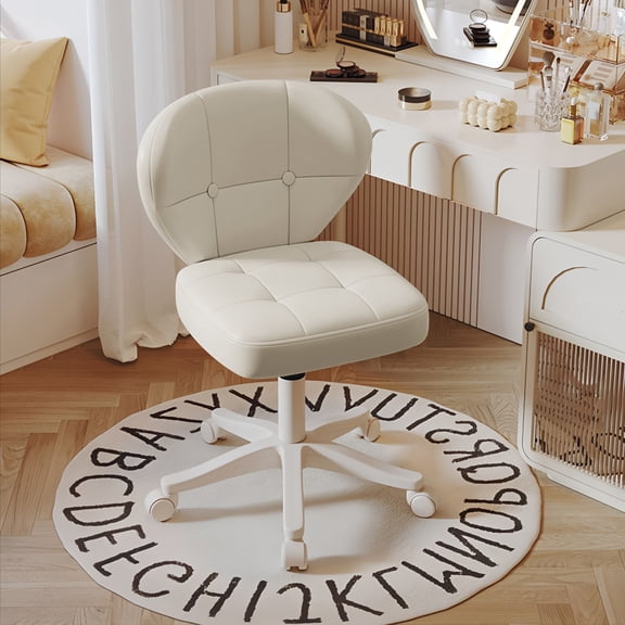 Vanity Chair with Back – Small Armless Office Chair with Wheels, Lumbar Support, PU Leather, Adjustable Height, 360° Swivel for Home, Bedroom, Office White