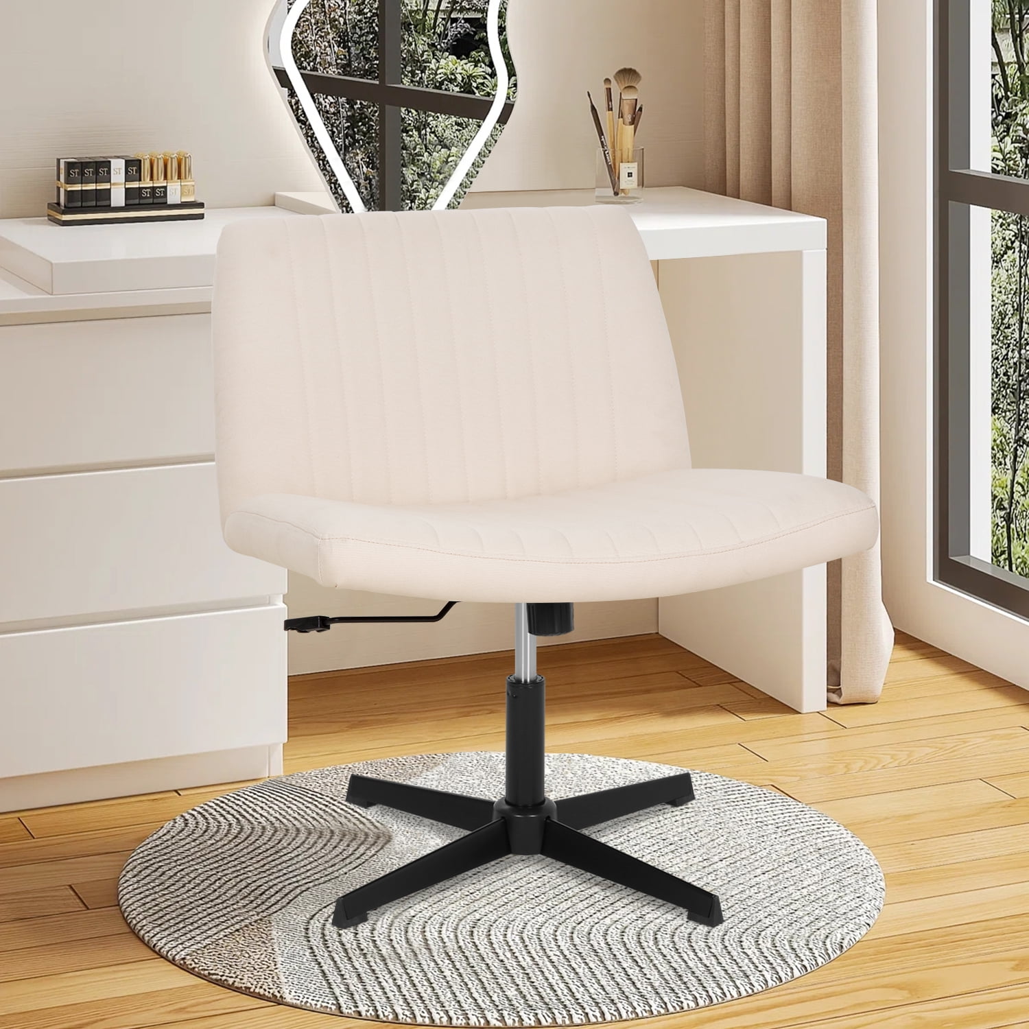 Vanity Chair Criss Cross Legged Chair Armless Office Desk Chairs Height Adjustable Computer Chair No Wheels Wide Seat Ergonomic for Bedroom Living Room, Beige