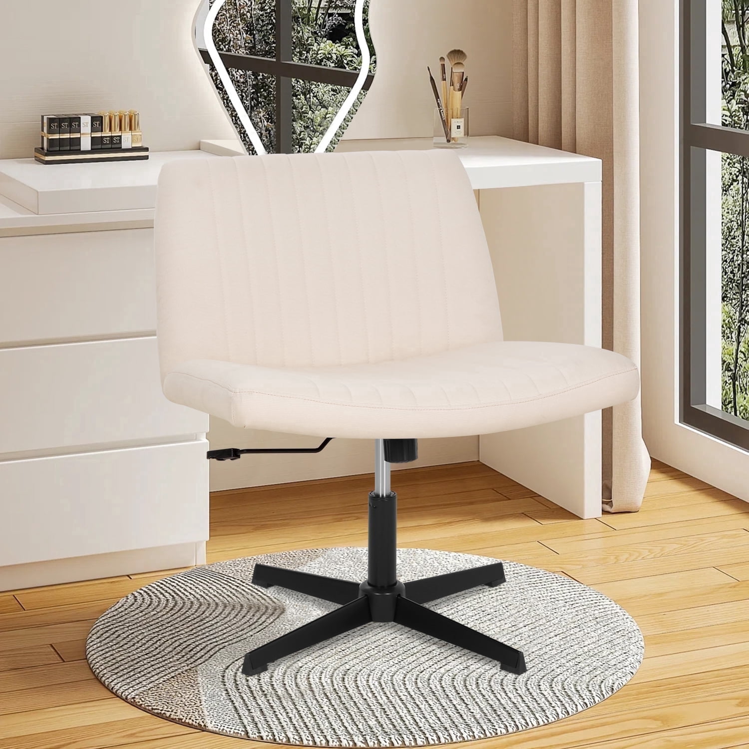 Vanity Chair Criss Cross Legged Chair Armless Office Desk Chairs Height Adjustable Computer Chair No Wheels Wide Seat Ergonomic for Bedroom Living Room, Beige