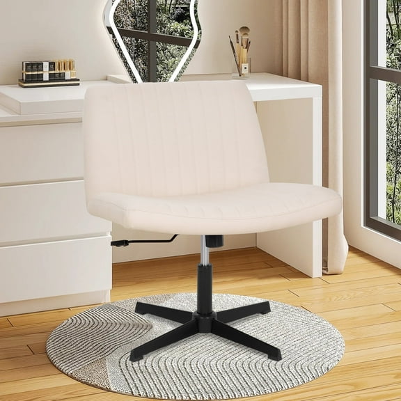 Vanity Chair Criss Cross Legged Chair Armless Office Desk Chairs Height Adjustable Computer Chair No Wheels Wide Seat Ergonomic for Bedroom Living Room, Beige