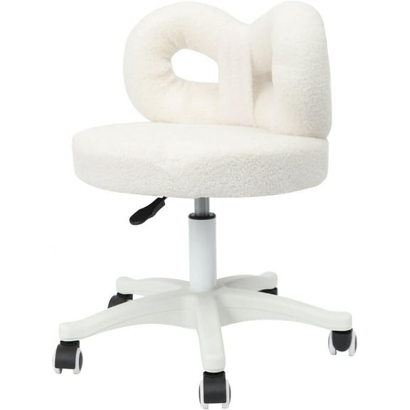 Vanity Chair with Cute Bow Backrest, Adjustable Height Bedroom Vanity Stool Roller Chair with 5 Wheels White Make-up Chair Armless Dressing Chair for Bedroom Living Room
