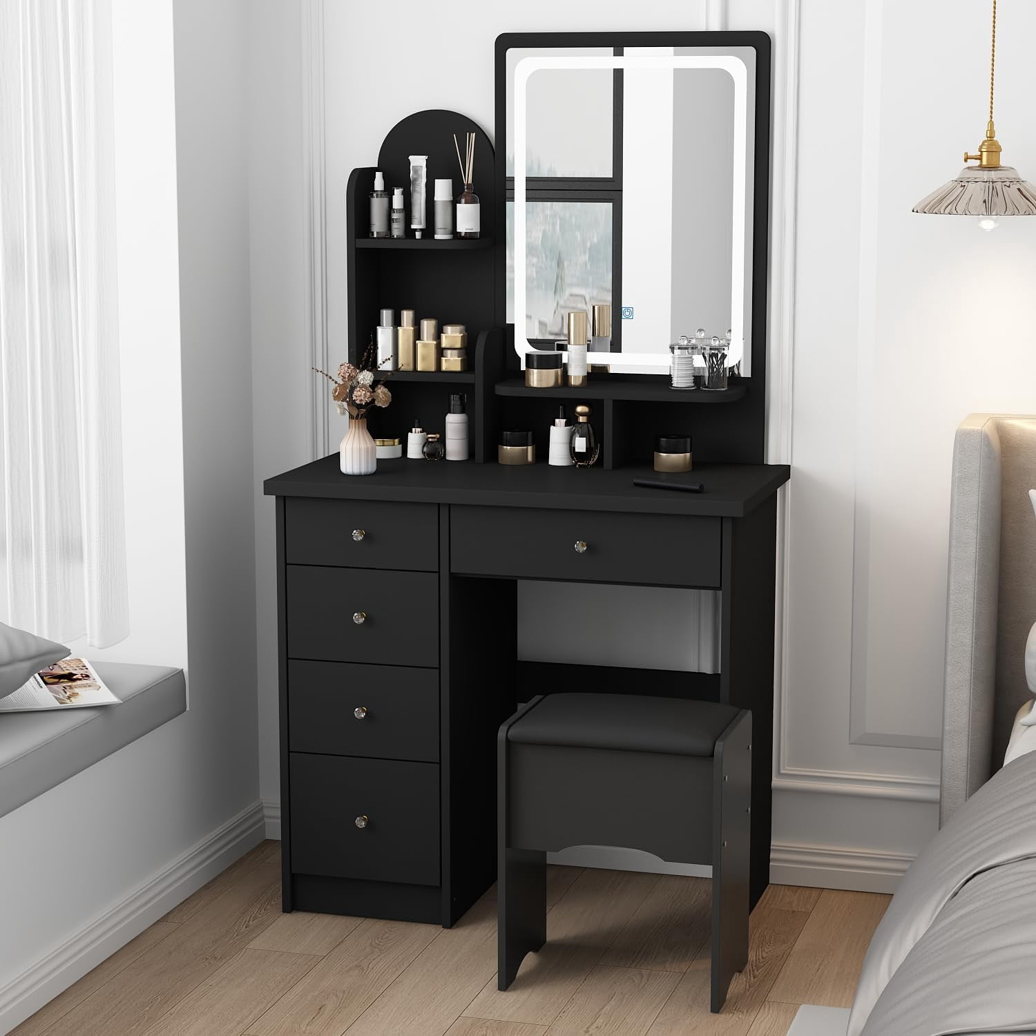 Vanity with Chair Dressing with Lighted Rectangular Mirror 5 Drawers ...