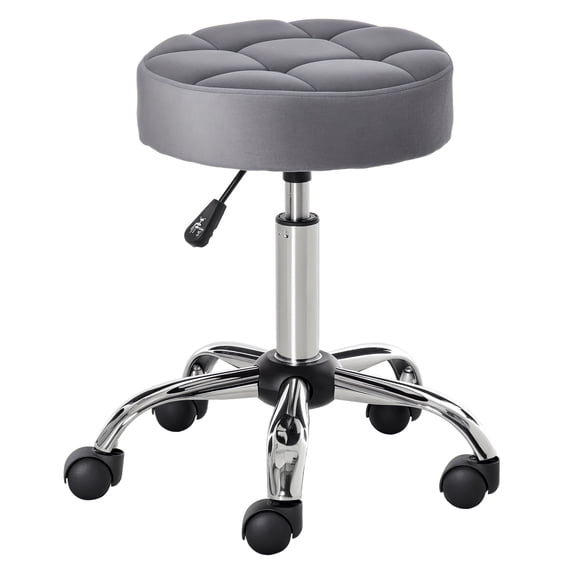 Vanity Chair, Height Adjustable Round Rolling Stool with Grey Fabric Cushioned Seat, Swivel Chrome Base with Wheels, 13.75" Diameter, for Makeup Room, Office, and Salon Use