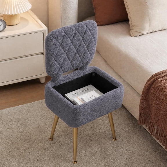 Vanity Chair with Hidden Storage and Folding Backrest, Sherpa Upholstered Makeup Stool, Space-Saving Desk Seat, Sturdy Metal Legs, Tool-Free Assembly,Gray
