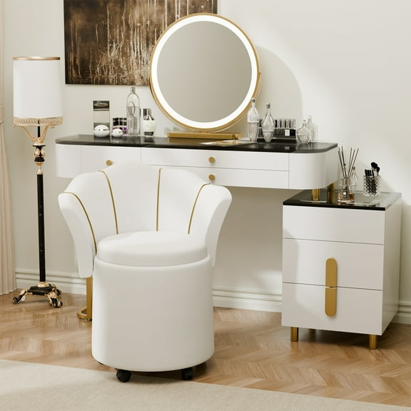 Vanity Chair,Makeup Storage with Backrest,Upholstered Dressing Chair,Swivel Rolling Wheels,Makeup Stool Seating for Bedroom,Modern Make Up Chairs for Girls,Women (White)