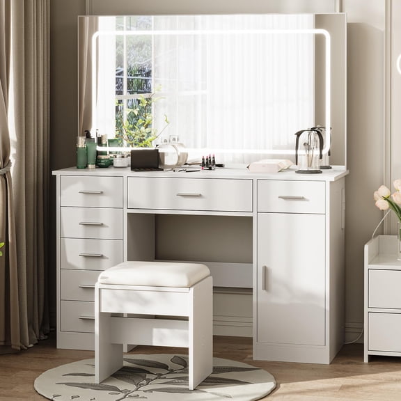 Vanity with Chair and Mirror and 7 Drawers Storage, White Makeup Vanity Desk with Lights, Vanitys Set with 3 Light Mode and Brightness Adjusted, Make Up Table with Hairdryer Holder for Bedroom
