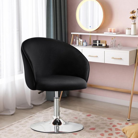 Vanity Chair, Salon Chair Flexible Round-Back, 360 Swivel Accent Chair with Plated Frame Height Adjustable Swivel Chairs for Living Room, Bedroom, Lounge Pub Bar, Velvet, Black
