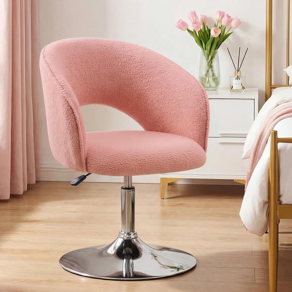 Vanity Chair, Salon Chair Flexible Round-Back, 360 Swivel Accent Chair with Plated Frame Height Adjustable Swivel Chairs for Living Room, Bedroom, Lounge Pub Bar, Faux Sherpa, Pink
