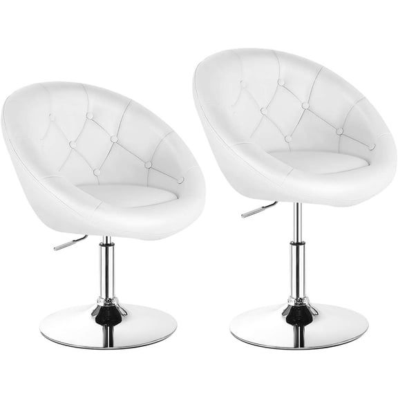 Vanity Chair, Set of 2 Contemporary Height Adjustable Makeup Chair with Chrome Frame, Tufted Round-Back, Modern Swivel Accent Chair for Lounge, Pub, Bar, White