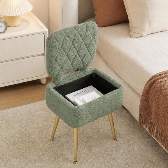 Vanity Chair with Storage and Folding Back, Sherpa Upholstered Makeup Stool, Dressing Table Chair with Hidden Storage, Sturdy Metal Legs, Tool-Free Assembly,Green