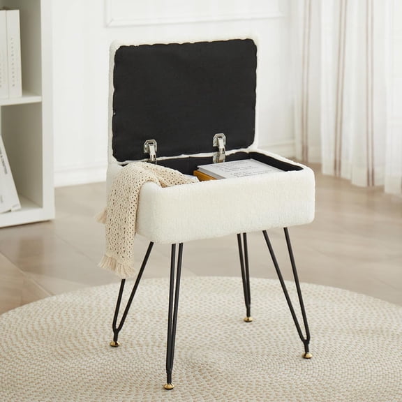 Vanity Chair with Storage Ottoman with Storage Small Stool(White) | Faux Teddy Fur Ottoman Foot Stool with Metal Legs Adjustable Feet Storage Makeup Chair with Soft Padded Foot Rest for Bedroom