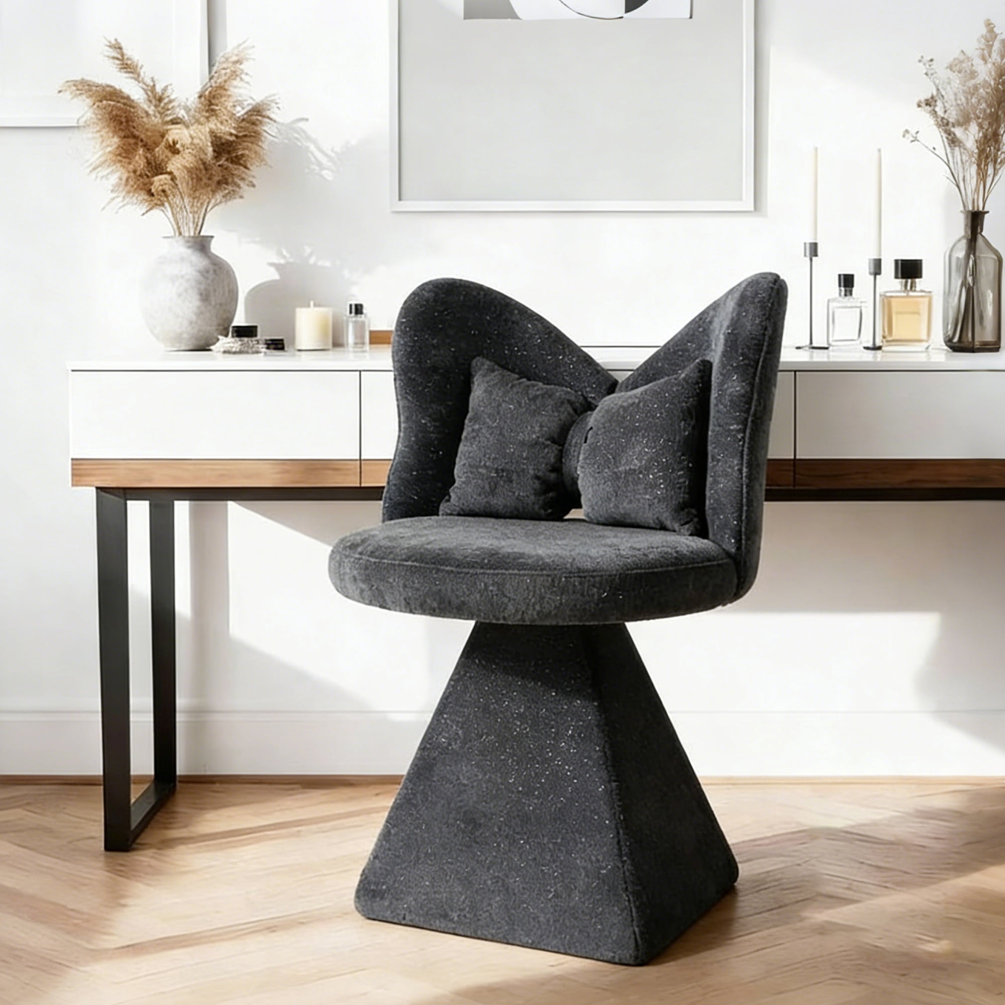 Black Swivel Vanity Chair | 360° Rotating Makeup Chair with Butterfly Back, Chenille Velvet Accent Chair with Decorative Pillow – for Bedroom, Dressing Table, Living Room, Dining, Home Office & Study