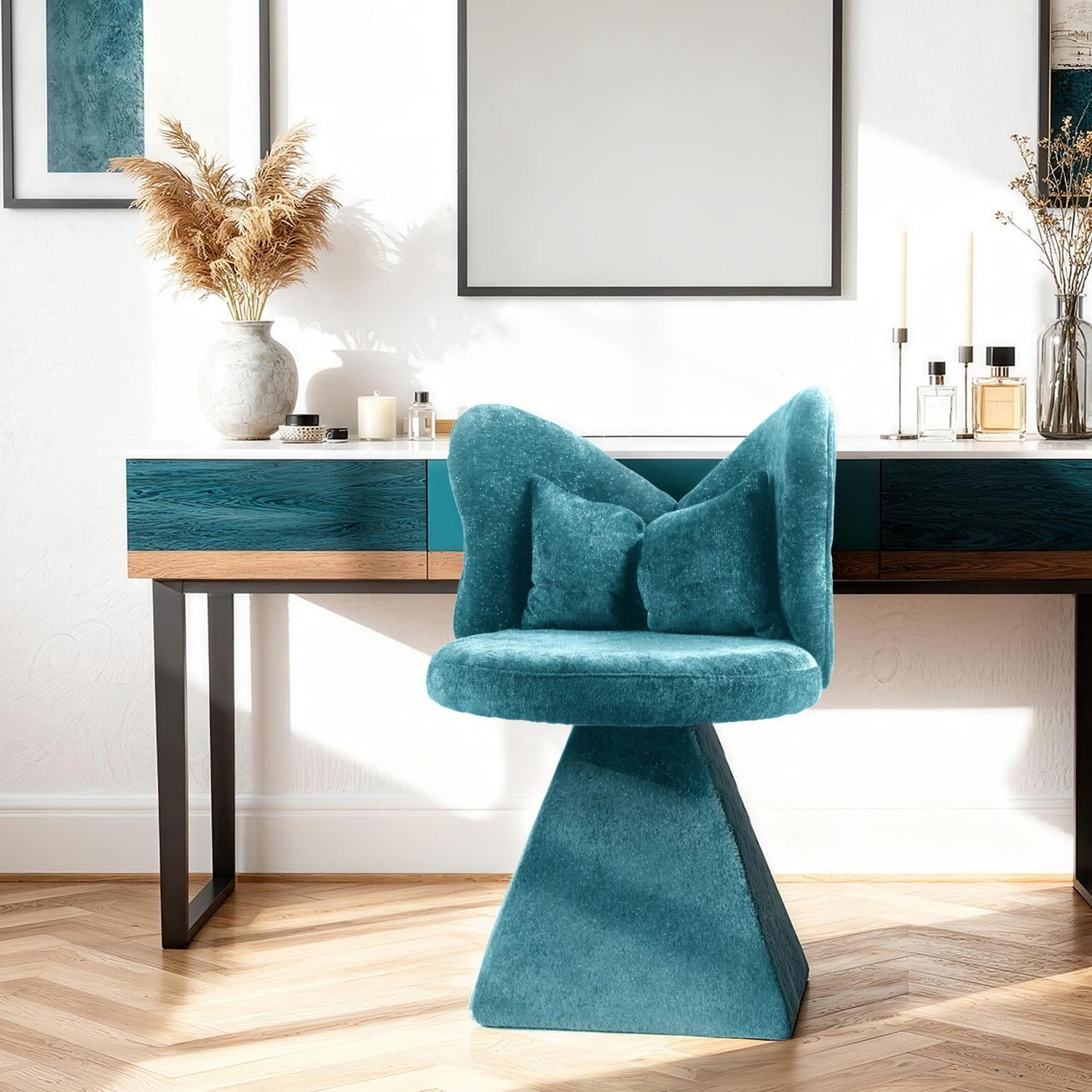 Blue Swivel Vanity Chair | 360° Rotating Makeup Chair with Butterfly Back, Chenille Velvet Accent Chair with Decorative Pillow – for Bedroom, Dressing Table, Living Room, Dining, Home Office & Study