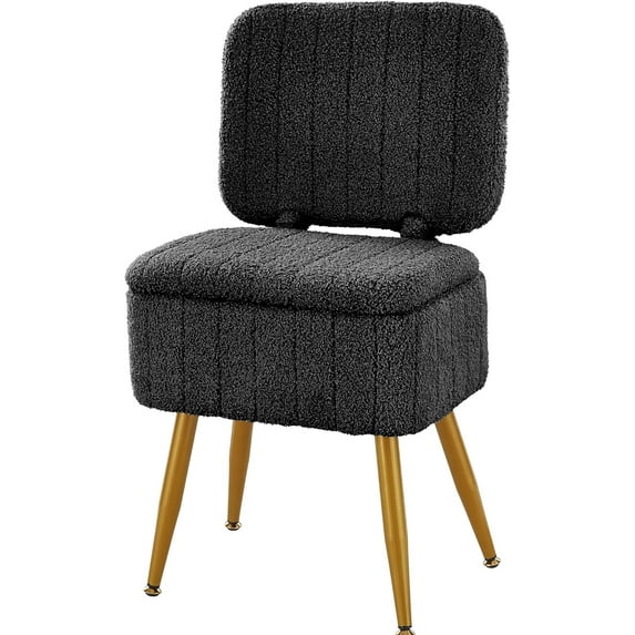 Vanity Chair, Vanity Stool with Storage and Folding Back, Small Faux Fur Soft Ottoman, 4 Metal Legs with Anti-Slip Feet, Modern Multifunctional Chairs for Makeup, Bedroom,Black