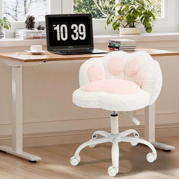 Vanity Chair with Wheels,Cute Cat Paw Office Chair with Back,360Rotating Height Adjustable Armless Chair in Vibrant Color-Blocking,Small Desk Chair,Plush Cushion for Bedroom,Make-Up Room Home Office
