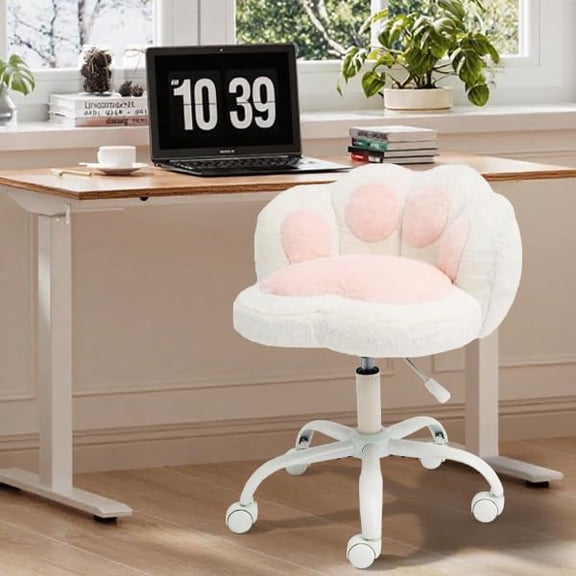 Vanity Chair with Wheels,Cute Cat Paw Office Chair with Back,360°Rotating Height Adjustable Armless Chair in Vibrant Color-Blocking,Small Desk Chair,Plush Cushion for Bedroom