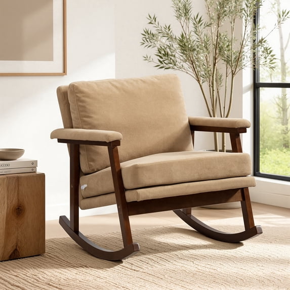 Legahome Nursery Rocking Chair, Velvet Upholstered Rocking Accent Chair with 23.6"Extra Wide Seat, Thick Cushion and Solid Wood Frame, Modern Accent Glider Rocker for Living Room, Reading Room, Khaki