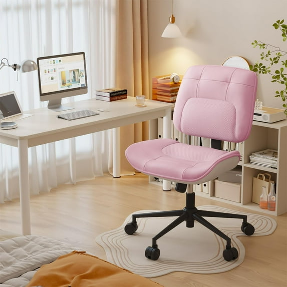 Vanity Chair with Back, Adjustable Height Armless Office Chairs, 360°Swivel Cross Legged Office Chair, Cute Desk for Vanity, Bedroom Pink