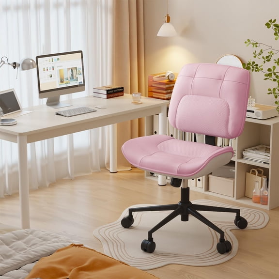 Vanity Chair with Back, Adjustable Height Armless Office Chairs, 360°Swivel Cross Legged Office Chair, Cute Desk for Vanity, Bedroom Pink