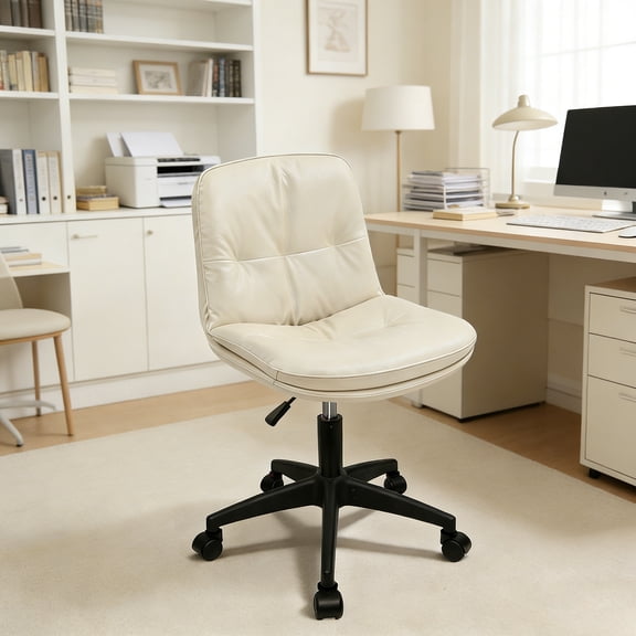 Vanity Chair with Back, PU Leather Swivel Office Desk Chair, Height Adjustable Armless Chair for Small Spaces, Bedroom, Vanity, Home Office Beige