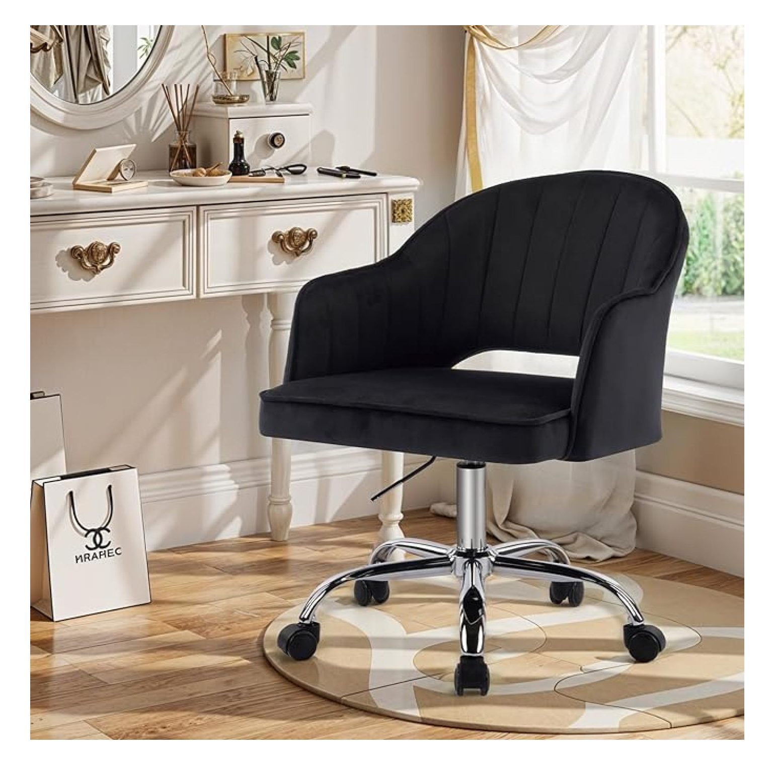 Vanity Chair with Wheels, Black Desk Chair with Back Cutout, Swivel