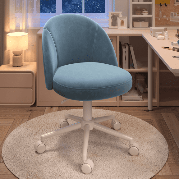 Vanity Chair with Wheels Small Office Chair with Back Cute Armless Desk Chair for Home Office,Bedroom, Blue