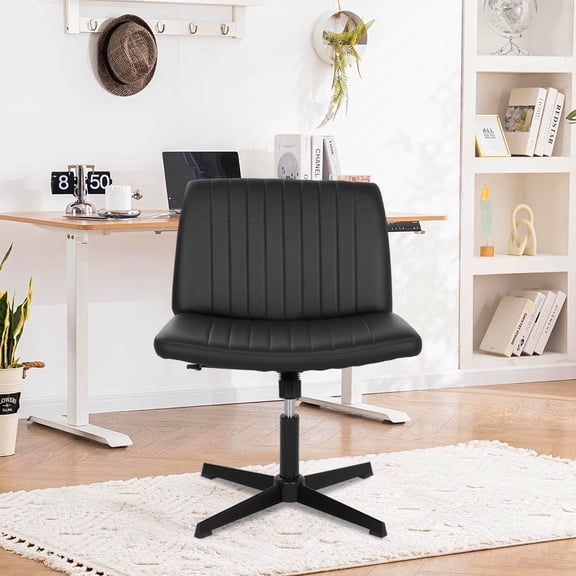 Vanity Chairs Criss Cross Legged Chair Armless Office Desk Chairs Height Adjustable Computer Chair No Wheels Wide Seat Ergonomic for Bedroom Living Room, Black