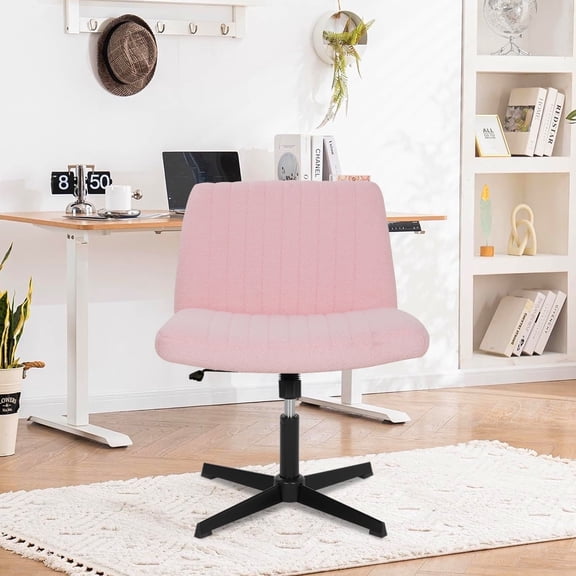 Vanity Chairs Criss Cross Legged Chair Armless Office Desk Chairs Height Adjustable Computer Chair No Wheels Wide Seat Ergonomic for Bedroom Living Room, Pink
