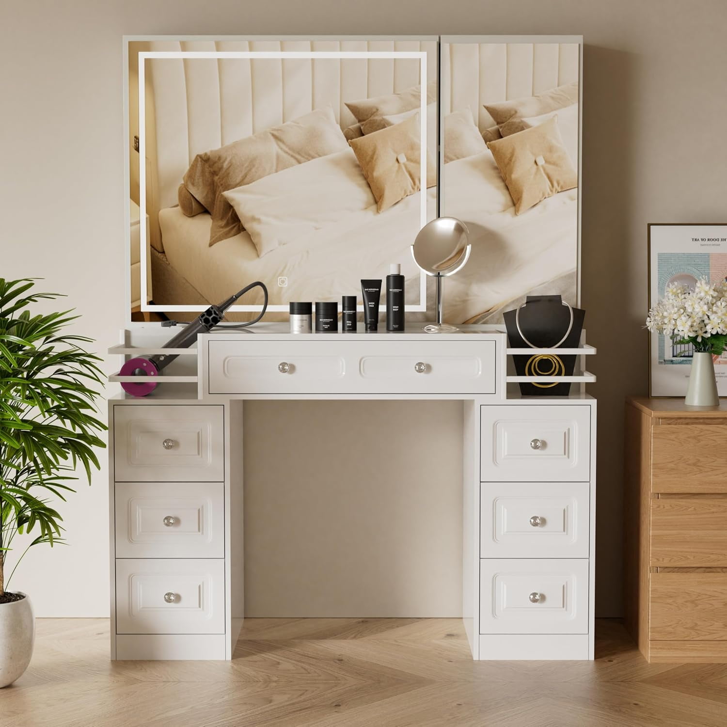 Vanity with Charging Station, Makeup Vanity with Mirror & LED Light, 7