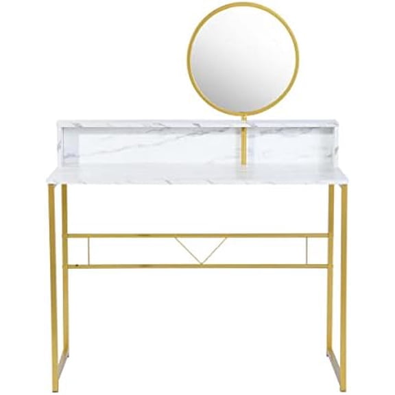 Vanity Desk, 2-Tier Dressing Table with Mirror, Modern Simple Makeup Vanity Dresser, Multifunctional Dressing Desk for Bedroom, 40.5-Inch, White/Gold$$Home Decor, Kitchen, & Other