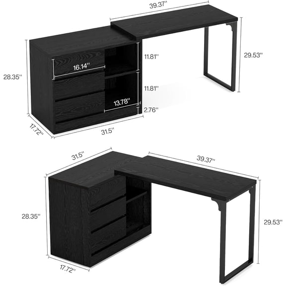 Vanity Desk with 3 Drawers and 2 Shelves, Small Makeup Vanity Table with Reversible Storage Cabinet, Modern Corner Dressing Table for Bedroom, Makeup Room (Without Mirror) (Black)