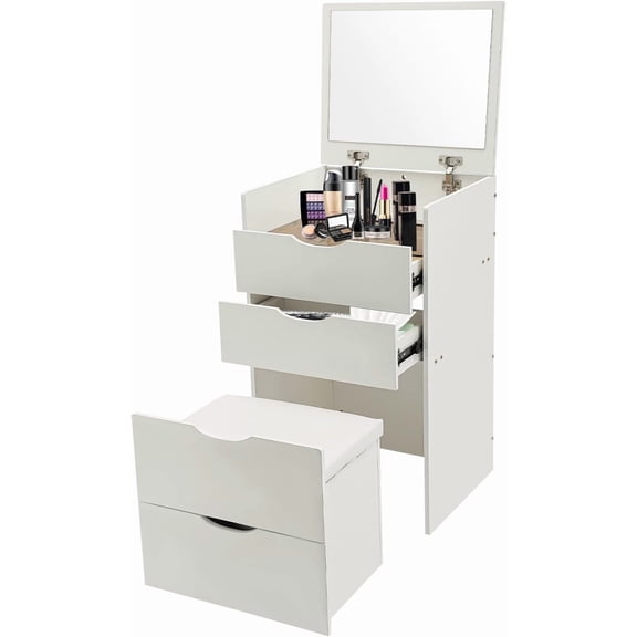 Vanity Desk, 3-in-1 Bedside Table with Mirror & Stool & 3 Drawer, 31.5 H Modern Vanity Makeup Table and Hidden Makeup Stool Set, Visible Table Top for Homes, Apartments. (Cream White)