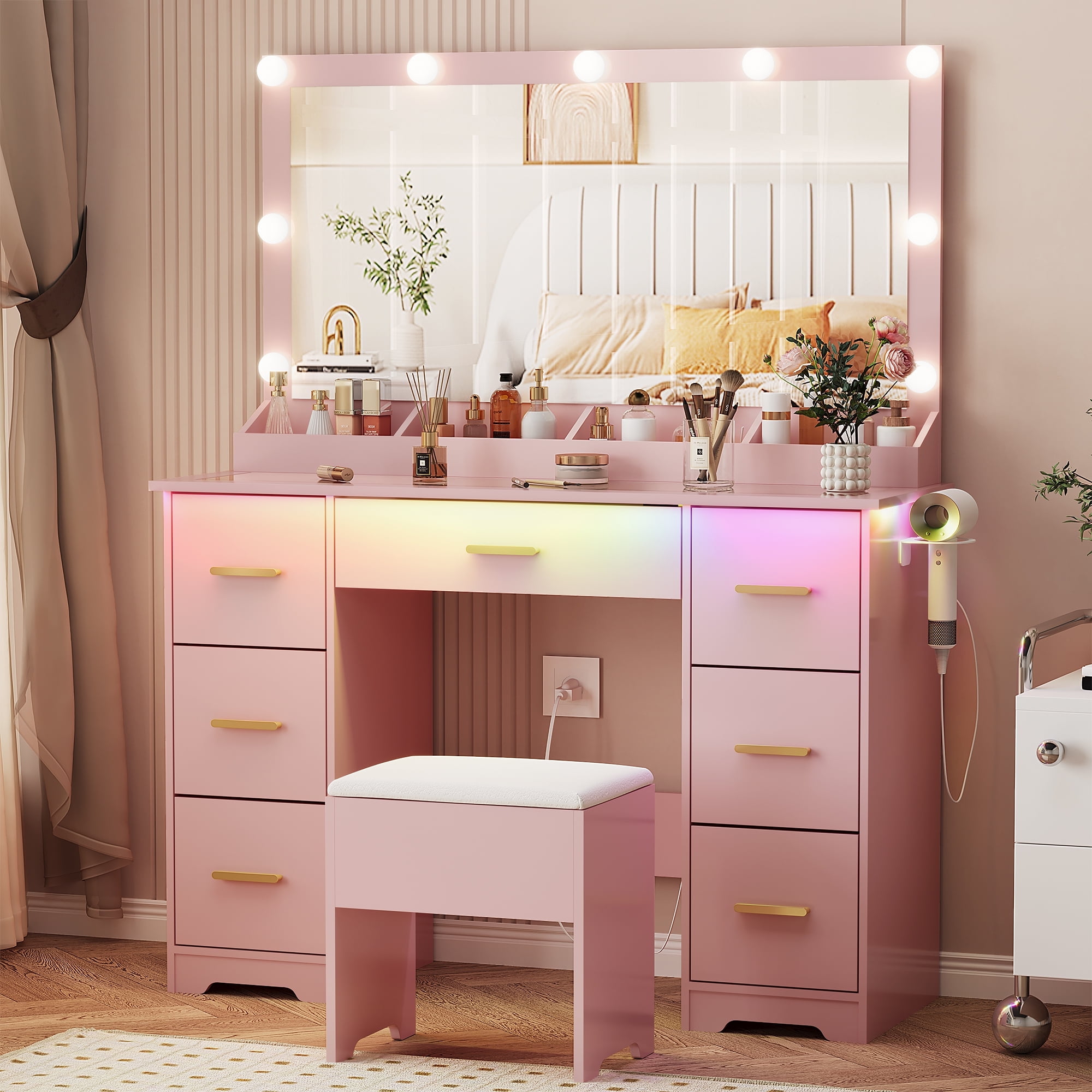 Vanity Desk with 38" Large Mirror and 9 LED Lights & Glass Top and Power Outlet, Adults Makeup Vanity with Chair and 7 Storage Drawers, Dressing Table Set for Bedroom, Modern Pink