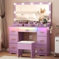 thumbnail image 1 of Vanity Desk with 38" Large Mirror and 9 LED Lights & Glass Top and Power Outlet, Adults Makeup Vanity with Chair and 7 Storage Drawers, Dressing Table Set for Bedroom, Modern Purple, 1 of 7