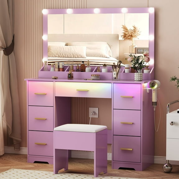 Vanity Desk with 38" Large Mirror and 9 LED Lights & Glass Top and Power Outlet, Adults Makeup Vanity with Chair and 7 Storage Drawers, Dressing Table Set for Bedroom, Modern Purple