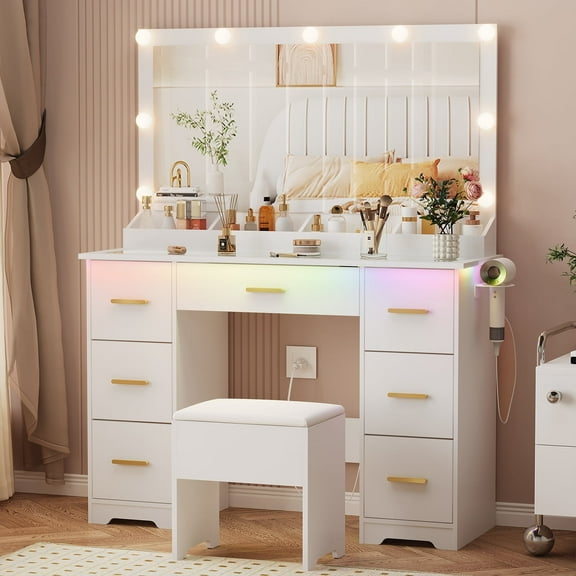 Vanity Desk with 38" Large Mirror and 9 LED Lights & Glass Top and Power Outlet, Adults Makeup Vanity with Chair and 7 Storage Drawers, Dressing Table Set for Bedroom, Modern White
