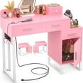 thumbnail image 1 of Vanity Desk With 4 Drawers and Cabinet, Makeup Vanity Table With Charge Station Socket, Small Space Makeup Bedside Cupboard, Gift for Her Choice, Suit for Apartment/Dorm/Bedroom, Cute Pink, 1 of 7