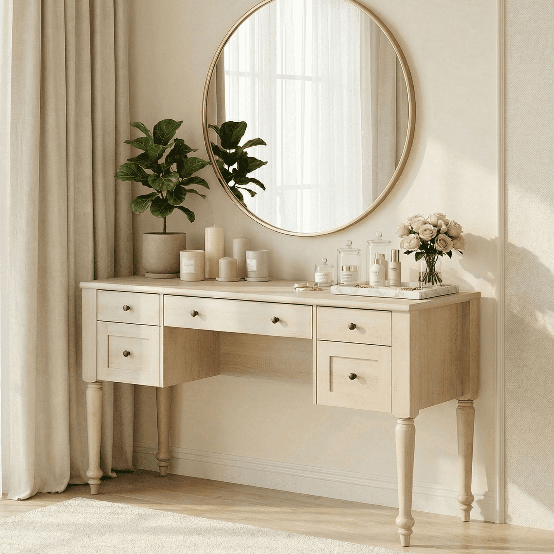 Vanity Desk with 5 Drawers, Home Office Desk with Charging Station, No Mirror, Makeup Vanity Dressing Table with Rear Cabinet Storage, Door, Open Shelf for Bedroom, Beige