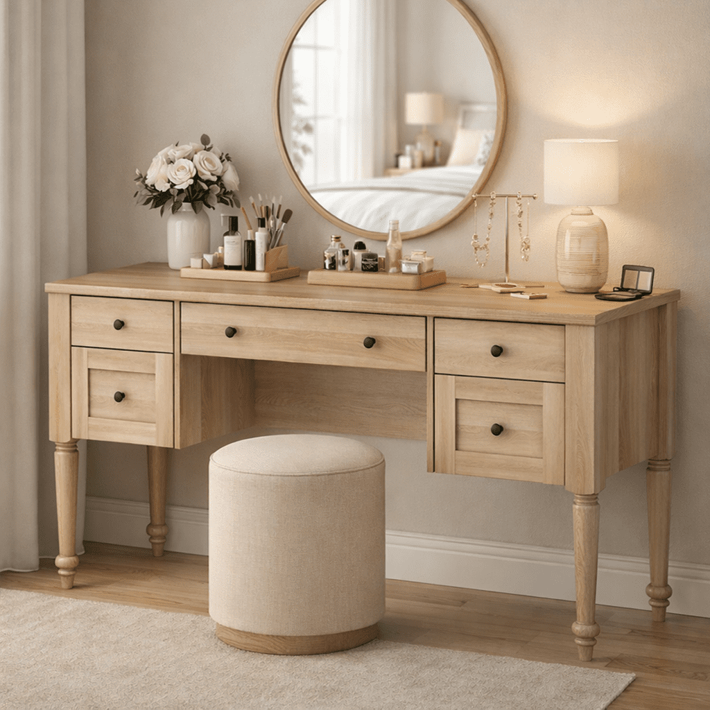 Vanity Desk with 5 Drawers, Home Office Desk with Charging Station, No Mirror, Makeup Vanity Dressing Table with Rear Cabinet Storage, Door, Open Shelf for Bedroom, Oak