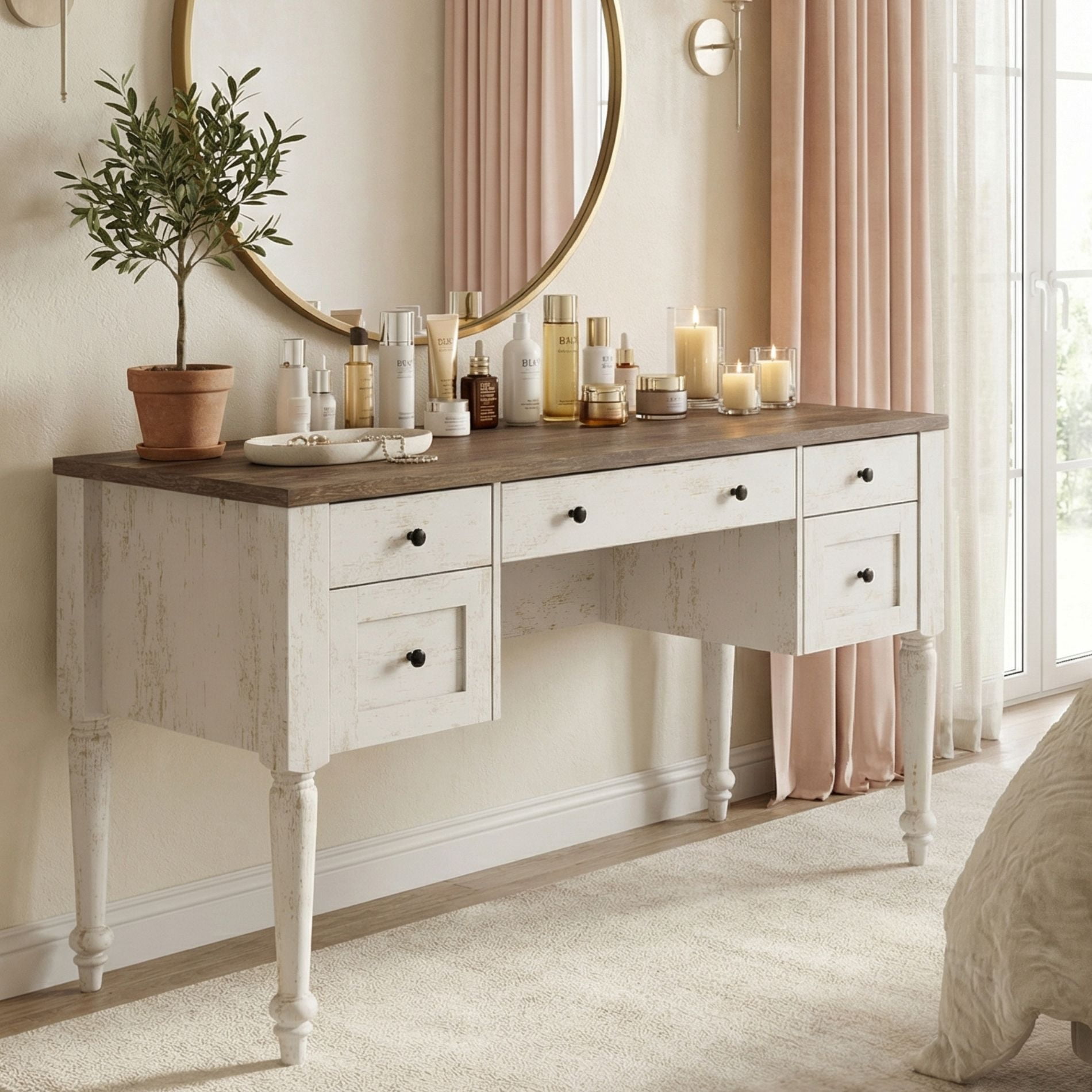 Vanity Desk with 5 Drawers, Home Office Desk with Charging Station, No Mirror, Makeup Vanity Dressing Table with Rear Cabinet Storage, Door, Open Shelf for Bedroom, Rustic White