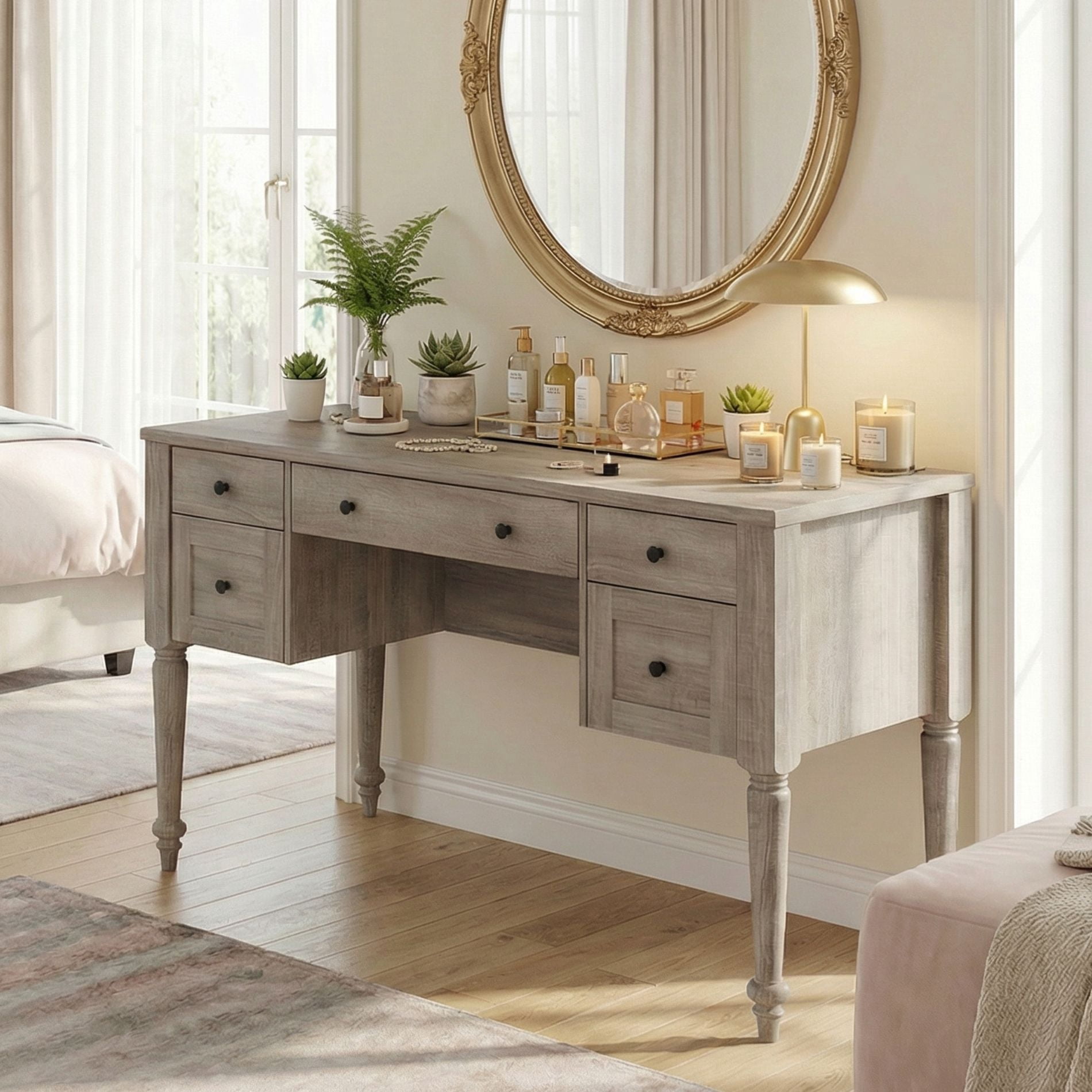 Vanity Desk with 5 Drawers, Home Office Desk with Charging Station, No Mirror, Makeup Vanity Dressing Table with Rear Cabinet Storage, Door, Open Shelf for Bedroom, Wash Grey